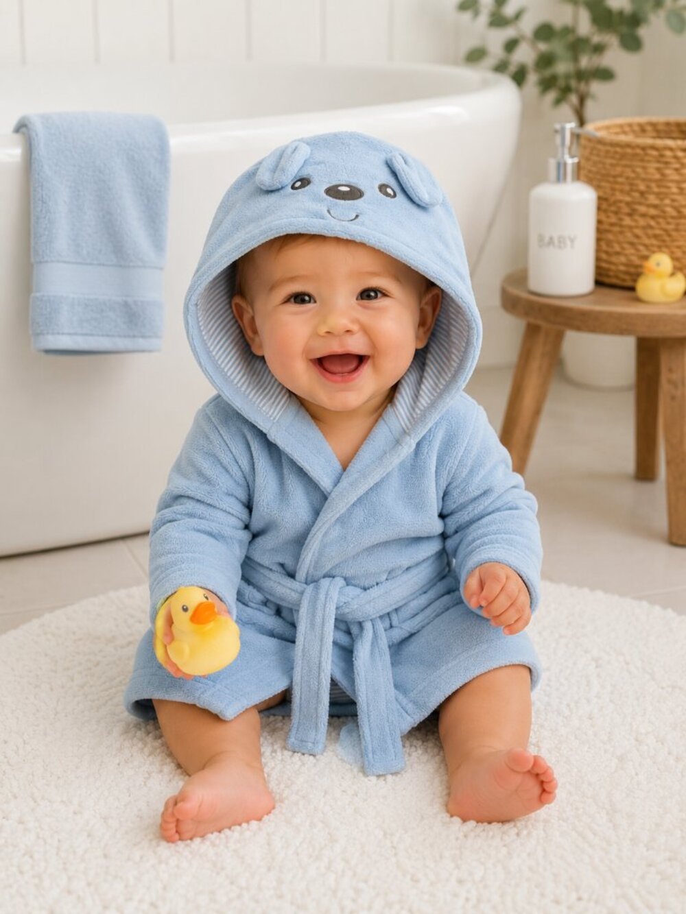 NWT Baby Essentials 100% Cotton Hooded Bath Robe Blue Bear | Baby Shower Gift